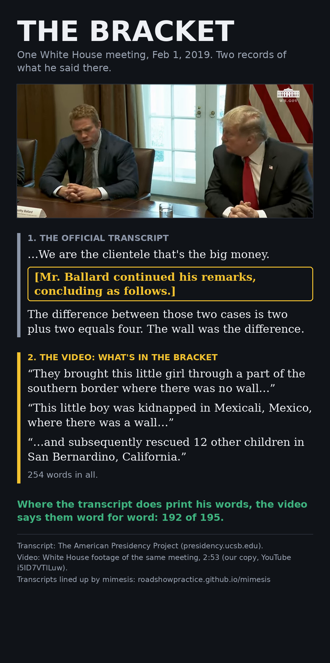 Card: The Bracket. The official transcript's bracketed gap next to what the video has in it.