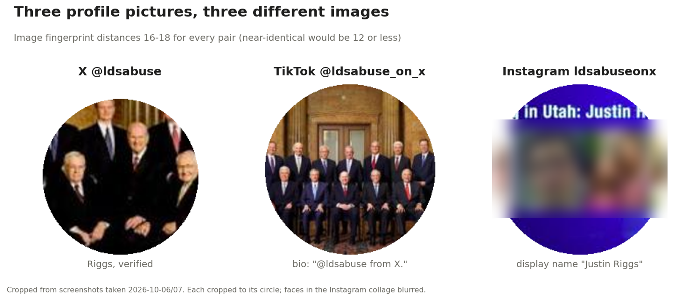 Three profile pictures side by side: X, TikTok and Instagram, all different images
