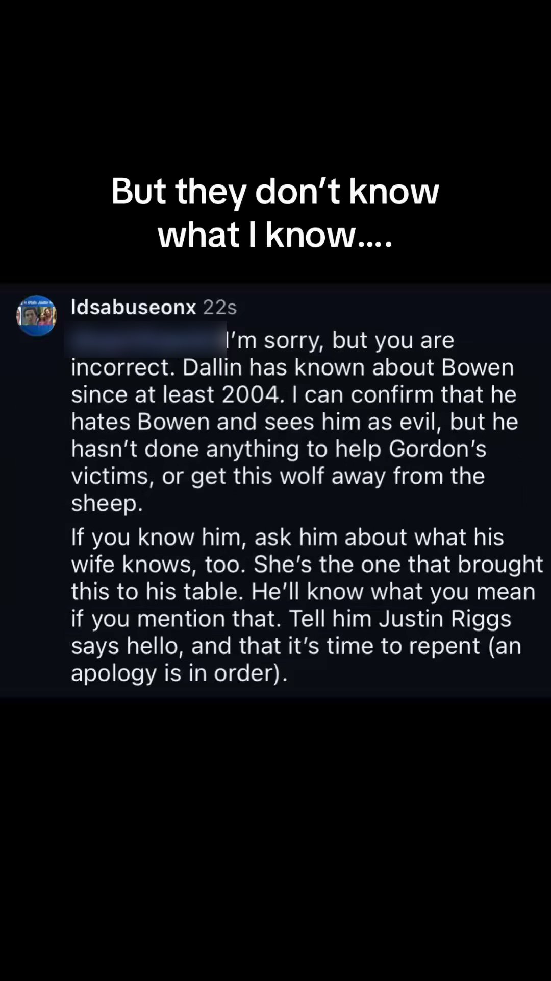 Frame from the X video showing the ldsabuseonx comment